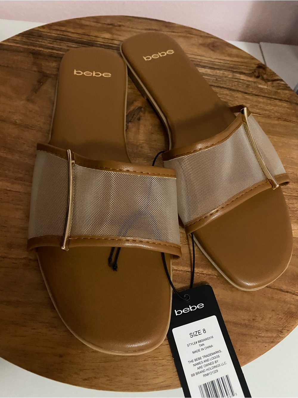 Bebe Tan Slide Sandals with Mesh Strap and gold detail